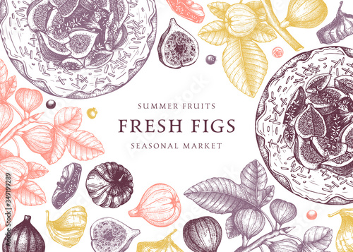 Vector design with hand-drawn fig fruit. Vintage frame with botanical illustration of fig branch, fresh and dries fruit, baking cake. Retro template with summer food elements. 