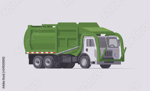 Vector green garbage truck. Front loader. Isolated illustration