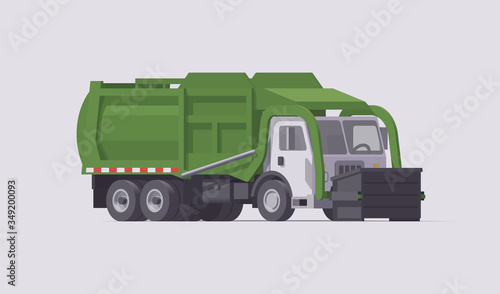 Vector green garbage truck. Front loader. Garbage loading. Isolated illustration