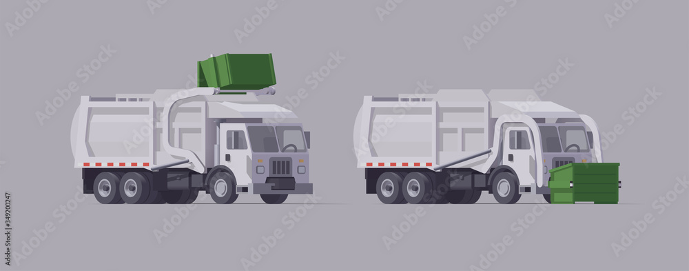 Vector white garbage truck set. Front loader. Garbage loading. Isolated