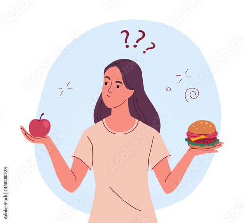 Diet choice. Vector illustration of young slim woman with an apple in one hand and a hamburger in another, thinking what is better to eat. Isolated on background