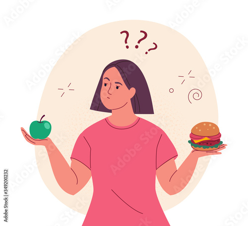 Diet choice. Vector illustration of young overweight  woman with an apple in one hand and a hamburger in another, thinking what is better to eat. Isolated on background