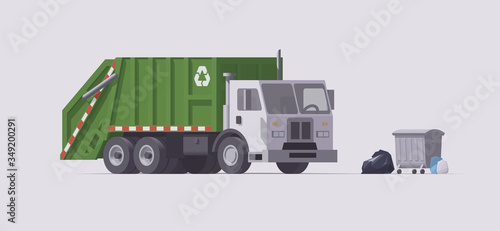 Vector green garbage truck. Rear loader. Garbage loading. Isolated illustration