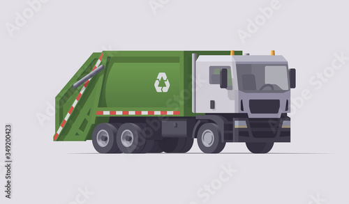 Vector green garbage truck. Rear loader. Isolated illustration