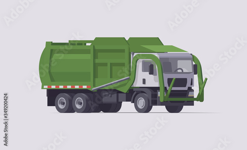 Vector green garbage truck. Front loader. Isolated illustration