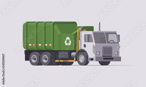 Vector green garbage truck. Side loader. Isolated illustration