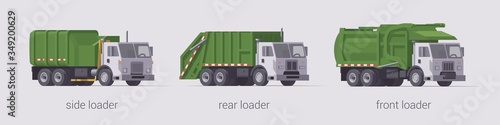 Vector green garbage truck set. Front loader side loader & rear loader. Isolated illustration