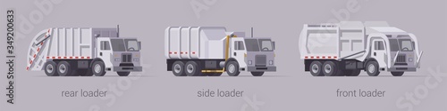 Vector white garbage truck set. Front loader side loader & rear loader. Isolated illustration