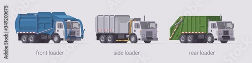 Vector garbage truck set. Front loader side loader & rear loader. Isolated illustration