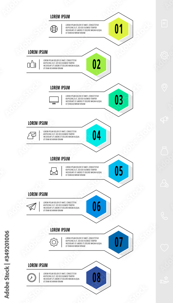 Hexagon infographic design template with 8 options and arrows. Vector business line concept. Can be used for diagram, web, banner, workflow layout,, flow chart, info graph, timeline, content, levels. Hexagon infographic design template with 8 options and arrows. Vector business line concept. Can be used for diagram, web, banner, workflow layout,, flow chart, info graph, timeline, content, levels.