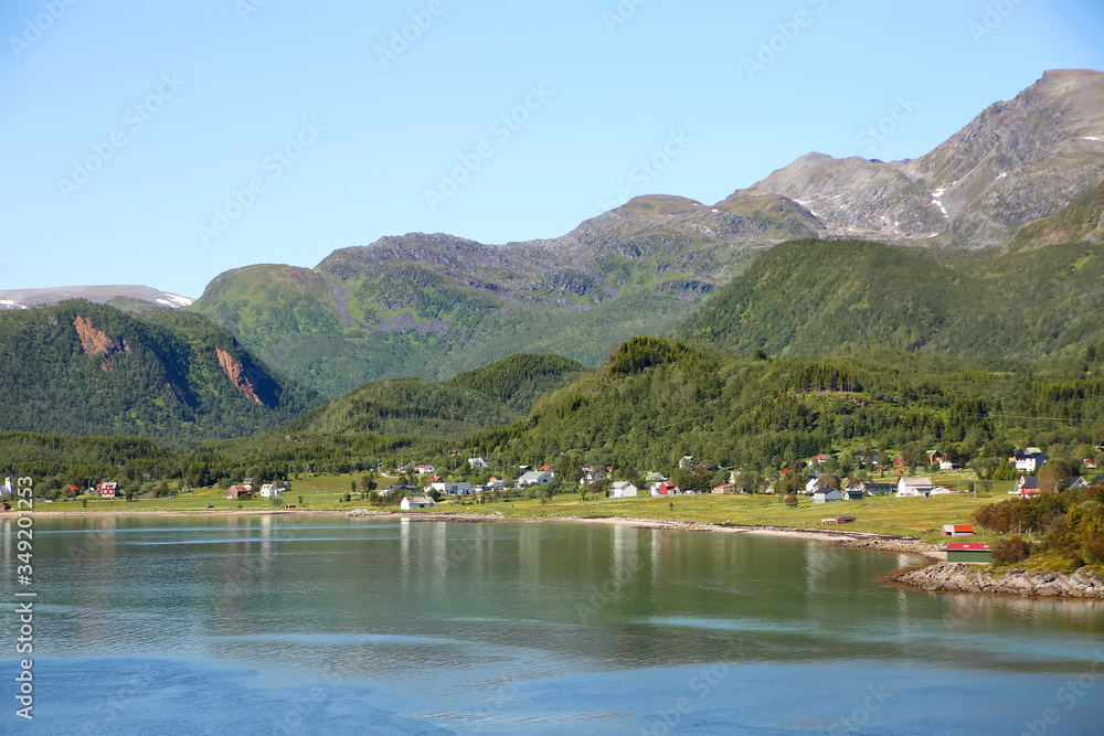 Beautiful scenic landscape of fjords, islands, village & inside passages; the Andfjorden & Vestfjorden, between Bodo & Hammerfest, Norway.
