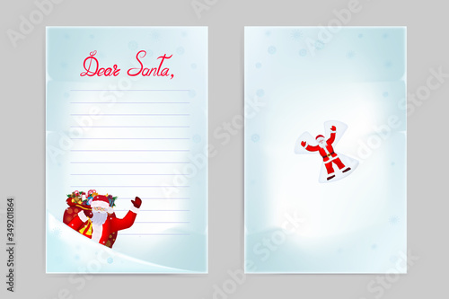 Front and back pages of the Christmas wish list. Image of Santa Claus with a large bag of gifts. Drawing of Santa greeting and making an angel in the snow. Vector illustration in cartoon style.