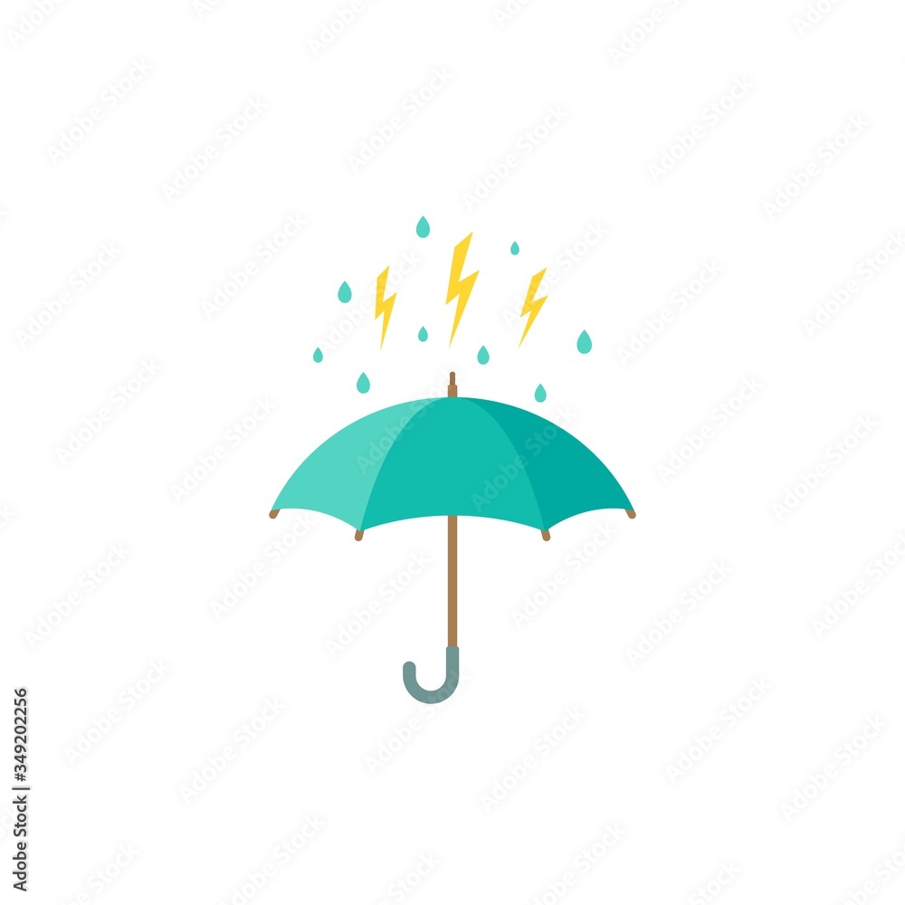 open umbrella with lightnings or thunderbolts. Flat icon isolated on white. Flat design.