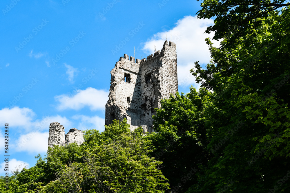 The mountain ruin of the 321 meter high Drachenfels with a beautiful blue sky