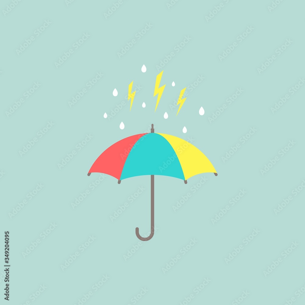Open colorful funny umbrella with rain drops. Flat icon isolated on white. Flat design. Open colorful funny umbrella with rain drops. Flat icon isolated on white. Flat design.