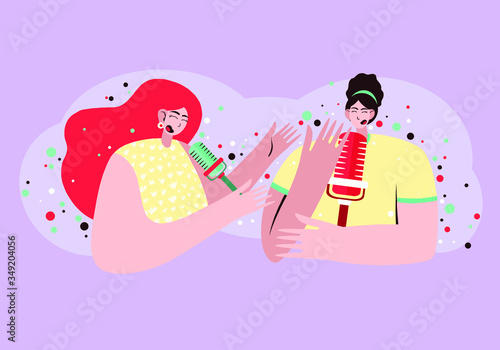 Podcast concept illustration. Female podcaster talking to microphone recording podcast in studio. Podcast in studio flat vector illustration. Concept of internet online radio