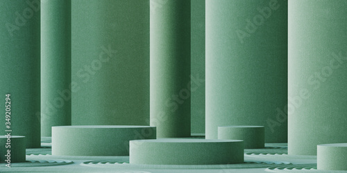 Minimal background for branding and product presentation. Cosmetic bottle on green fabric podium and green background. 3d rendering illustration.