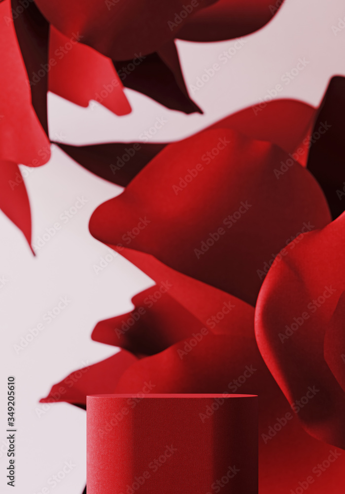 Fototapeta premium Cosmetic background for product presentation. Red fabric podium with red roses petal on pink background. 3d rendering illustration.