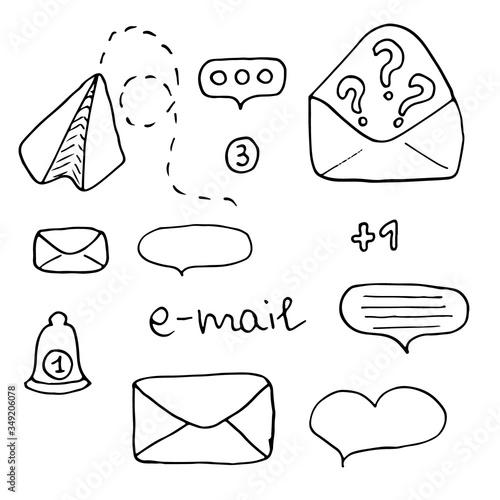 Collection of new messages icon, telegram, e-mail, letters and notification for wedb and phone inreface. Envelope, question mark, speech bubbles, bell. Vector doodle illustration in cartoon outline.