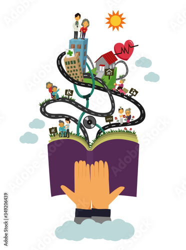 elderly care concept art vector illustration, hand holding book with medical team take care old people