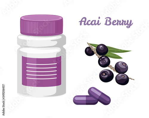 Acai Berry capsules isolated on white background. Bottle of pills and branch of berry. Vector illustration of dietary supplements in cartoon flat style. Superfood.
