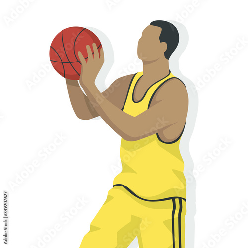Basketball player in modern style vector illustration, sport man simple flat shadow isolated on white background.