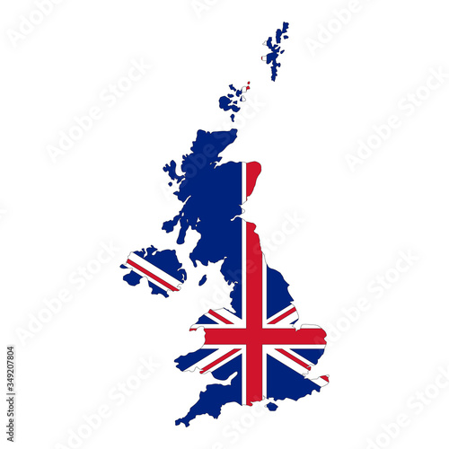 Map of United Kingdom. Vector design isolated on white background. Shape of United Kingdom map filled up with UK flag colors.
