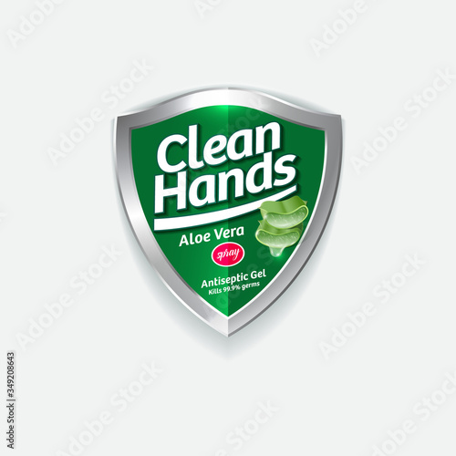 Clean Hands logo. Hand disinfectant, virus protection label. Sanitizer for hands and body. Green glossy shield with logotype and cut leaves aloe vera.