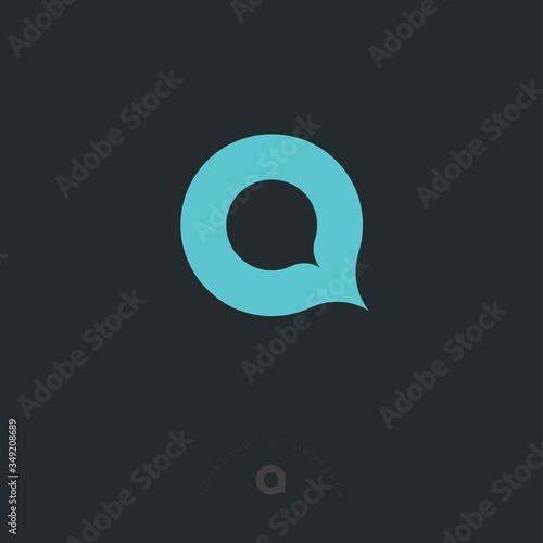 Q logo. Q monogram like water drop or speech bubble on a dark background. Network, web, chat icon. UI design.
