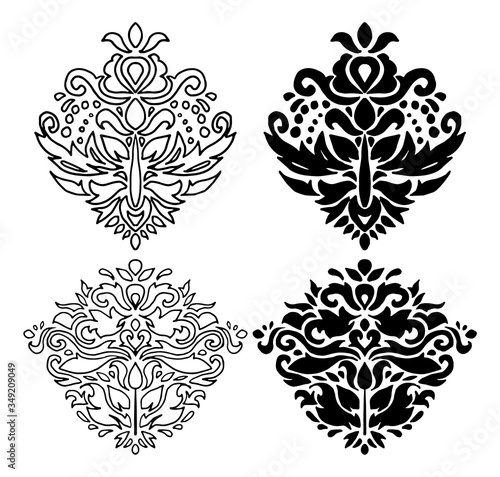 Hand drawn Damask decorative elements in black and white, set of vector illustrations