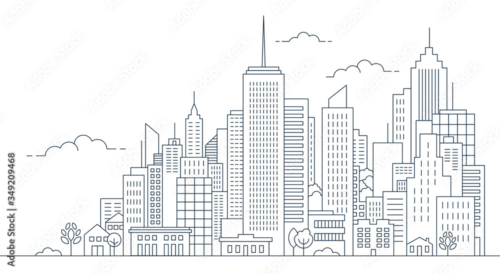 Thin line style city panorama. Illustration of urban landscape street with cars, skyline city office buildings, on light background. Outline cityscape. Wide horizontal panorama