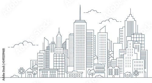 Thin line style city panorama. Illustration of urban landscape street with cars, skyline city office buildings, on light background. Outline cityscape. Wide horizontal panorama