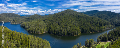 View of drone to the mountain lake. Rodopi mountain Bulgaria