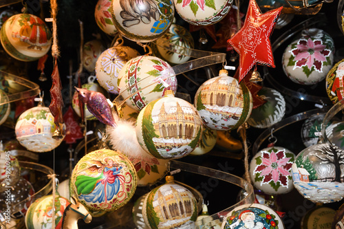 Christmas decorations on the market in Vienna.Golden balls  bulbs  bubbles decorations and ornaments