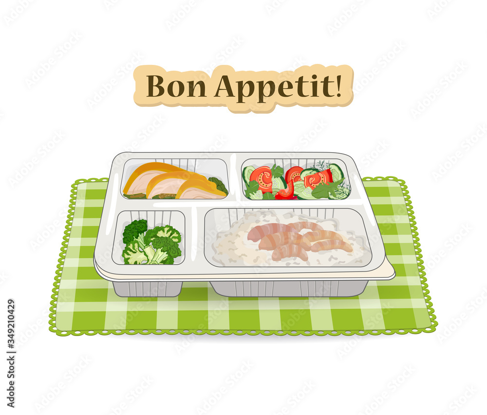 Plastic container with ready-made food for delivery. A delicious lunch of healthy products, chicken slices, a salad of cucumbers and tomatoes, broccoli and rice with shrimps Plastic container with ready-made food for delivery. A delicious lunch of healthy products, chicken slices, a salad of cucumbers and tomatoes, broccoli and rice with shrimps
