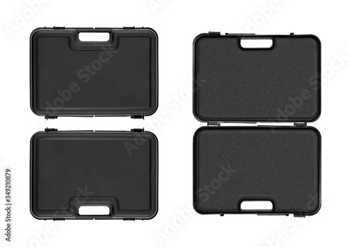 Frontside, backside and open view of a matte black plastic case with a black foam insert isolated on white background for individual design and graphic mockups. No perspective, no people.