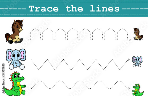 Trace line worksheet for kids with funny animals. Practicing fine motor skills. Educational game for preschool kids. Vector illustration.