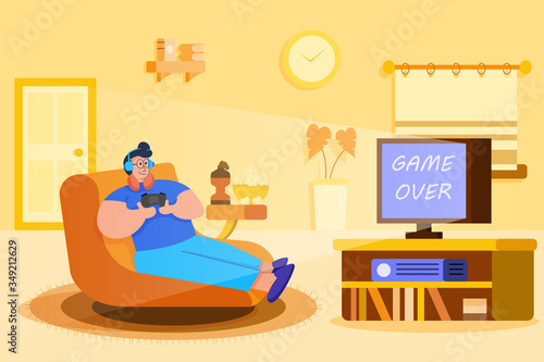 Man play video game in living room at his home. Flat character design with a hobby during quarantine or free time in weekend holiday.