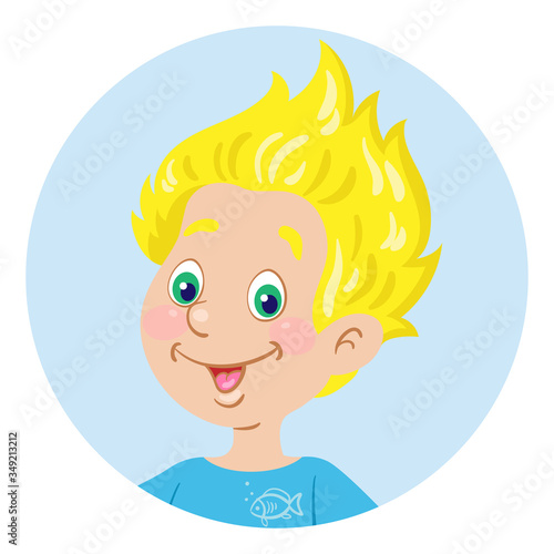 Portrait of a funny blond boy. Avatar icon in the circle. In cartoon style. Isolated on white background. Vector flat illustration.