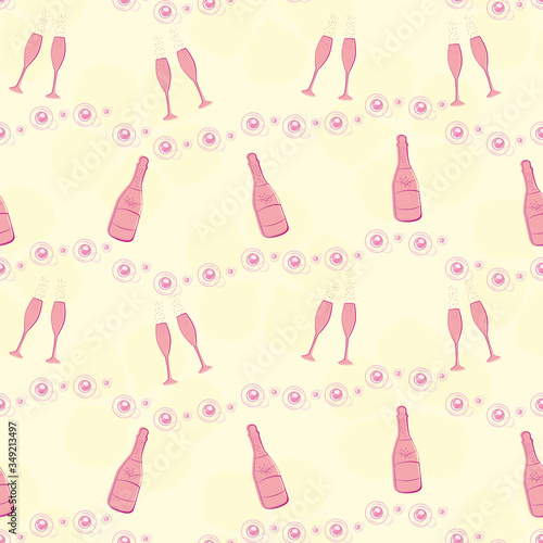 Champagne bubbles vector seamless pattern background. Horizontal chains of fizzy drops, bottles, glasses pink yellow backdrop. Elegant geometric design. All over print for party celebration concept