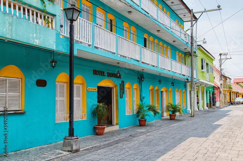 FLORES, GUATEMALA - APRIL 25: View of a hotel in Santa Elena on Flores island, Guatemala, Central America on April 25, 2014. Santa Elena is one of a starting point to visit famous mayan temples -TIkal photo