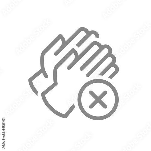 Medical gloves with cross checkmark line icon. No hand protection, hand disinfection symbol