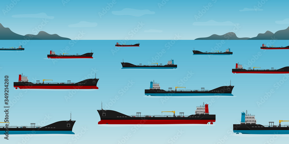 Vector illustration of oil tankers floating in coastline at day with sea. Nautical vessel float off the coast of California, global lockdown, low demand for crude crisis. Transport ships industry.