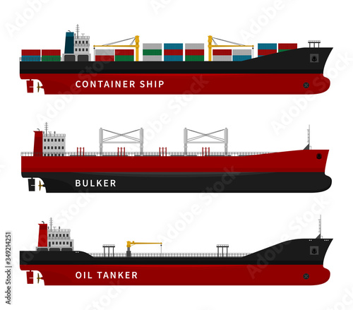 Black red oil tanker, container ship, bulker isolated. Vector illustration set, nautical vessel floating in the ocean. Dry cargo with goods, fuel, gasoline, petroleum, import export transport industry