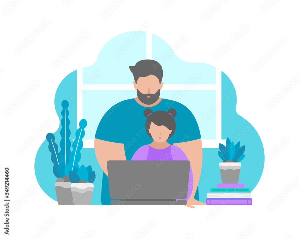 Vector illustration in flat style. Sitting father and daughter with laptop. Online education with class in quarantine time, making homework with parent's help. Home schooling. Blue and violet colours Vector illustration in flat style. Sitting father and daughter with laptop. Online education with class in quarantine time, making homework with parent's help. Home schooling. Blue and violet colours
