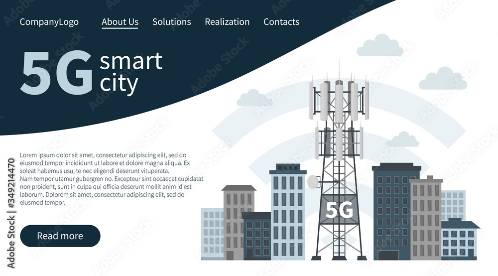 Fototapeta premium Landing page banner, fifth generation base station or mast, vector of cellular equipment, mobile data towers. Web design concept of 5G innovative smart city, telecommunication antennas and signal