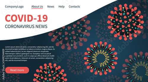 Flat vector illustration landing page banner of close-up view of red coronavirus on dark blue background. COVID-19 news with spikes flying in the air.