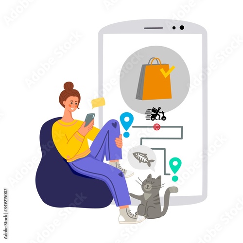 A girl orders from smartphone online fast safe contactless delivery staying home. Concept design flat hand drawn vector illustration. Delivery courier icon with tracking from mobile app online payment