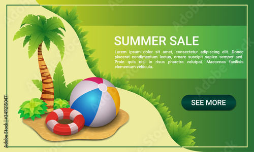 Summer sale. Horizontal banner for your website with bouncy ball, lifebuoy and palm.