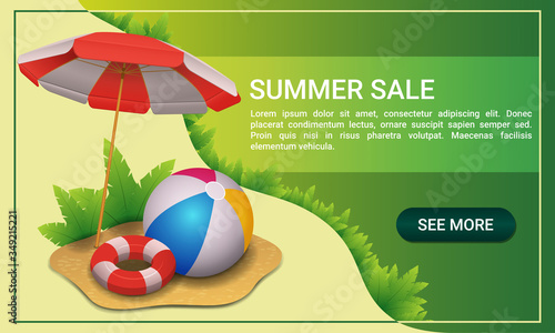 Summer sale. Horizontal banner for your website with beach umbrella, bouncy ball and life buoy.